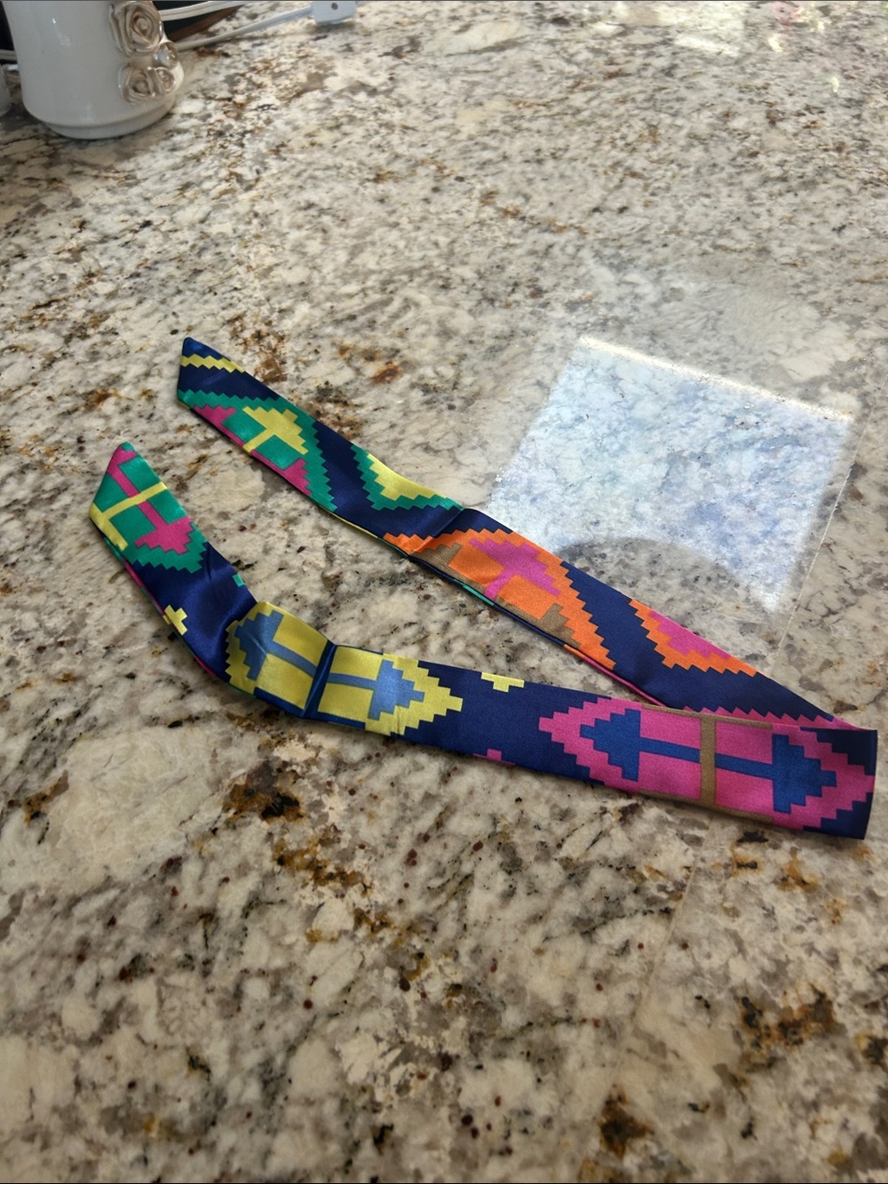 Colorful Geometric Silk Scarf TwillyNavy with Multicolor Aztec Print
